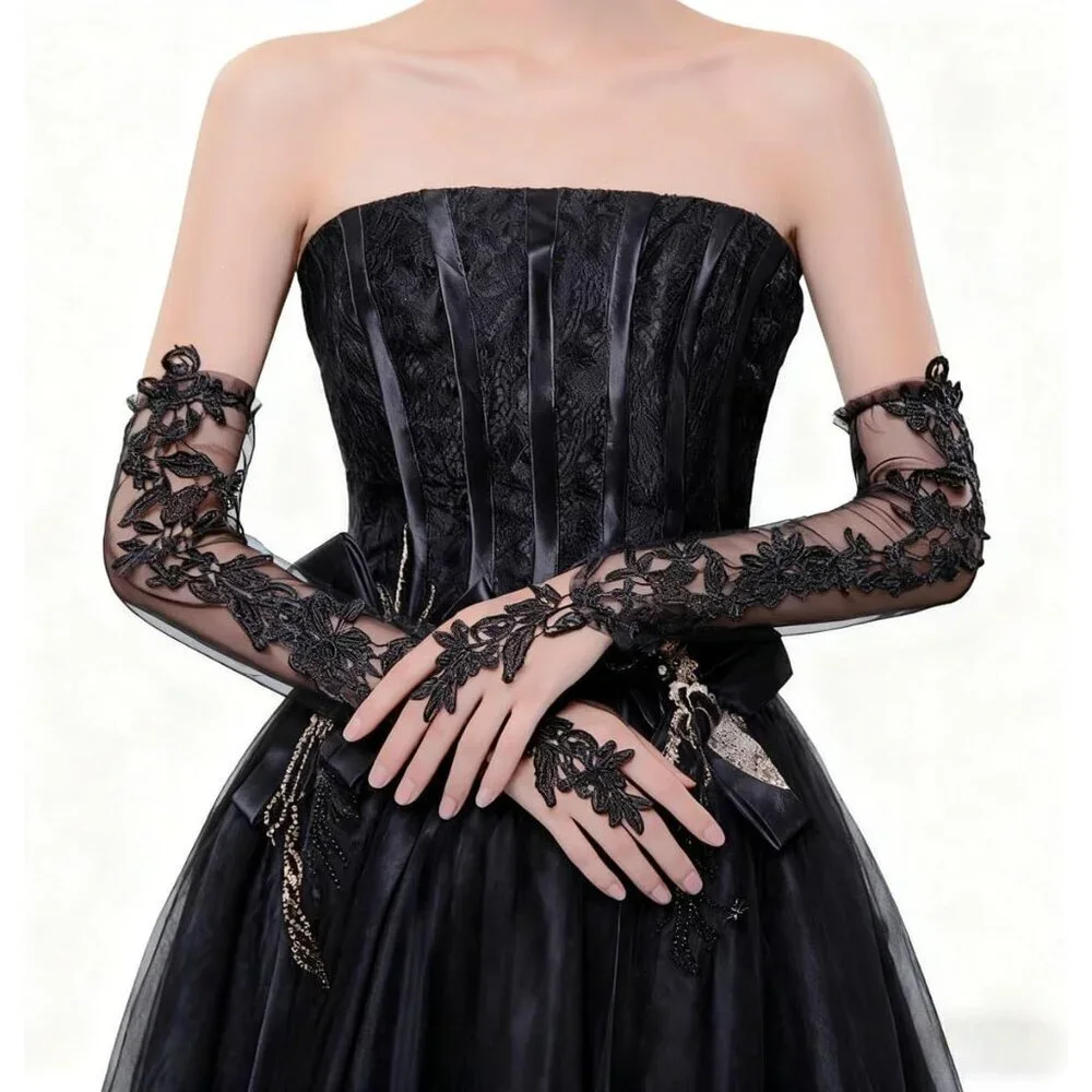 Women's Black Lace Fingerless Gloves Bridal Wedding Prom Costume Accessory